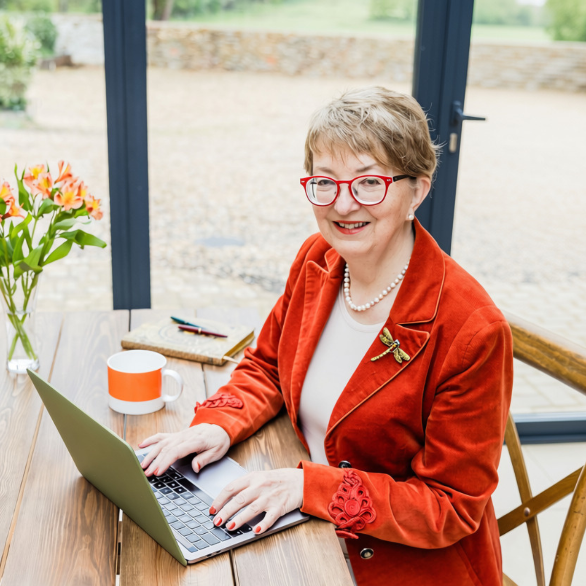 Heather Garbutt working at a wooden table in a red velvet jacket