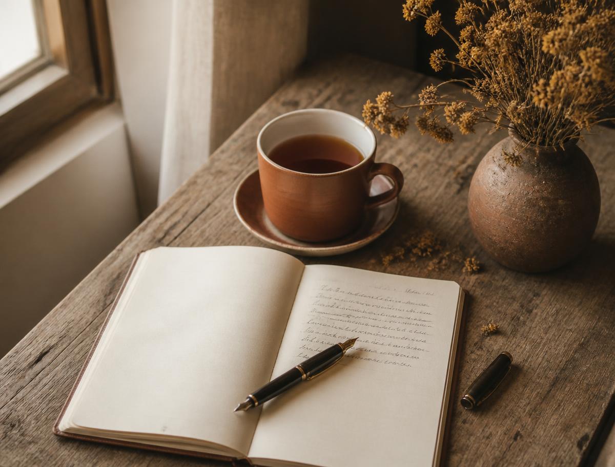 An open notebook, fountain pen and cup of tea on a wooden table